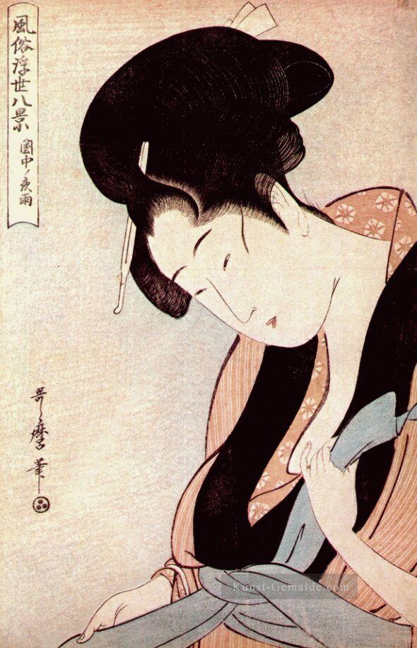 Frau im Schlafzimmer in der regnerischen Nacht Kitagawa Utamaro Ukiyo e Bijin ga Ölgemälde